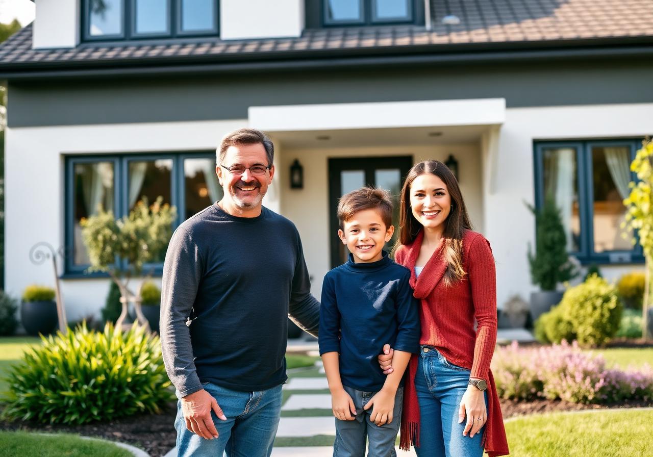 Família feliz em frente a uma linda casa - LCA Express Seguros